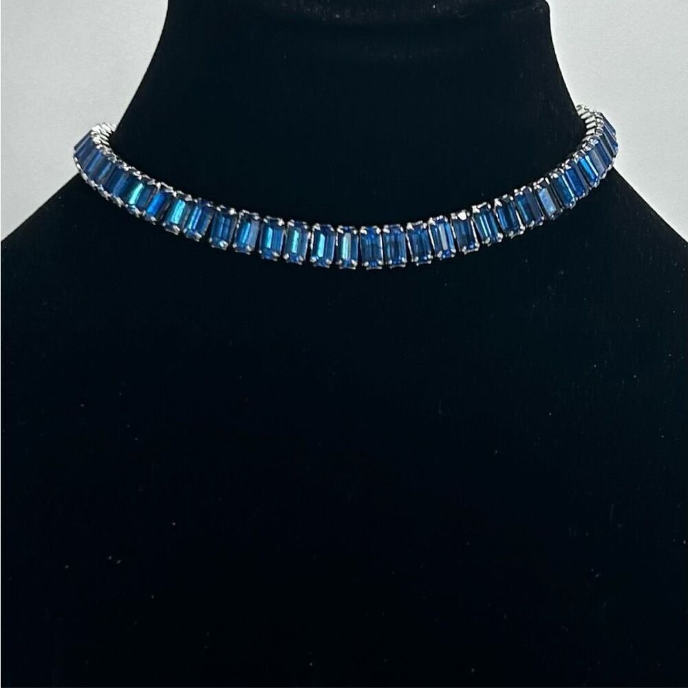 Blue Emerald Cut Rhinestone Choker Necklace Silver Tone Fully Articulated Links